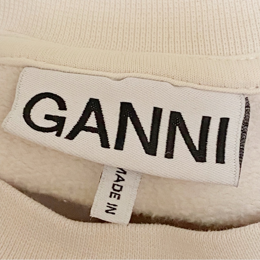 GANNI brown cream two tone Embroidered logo crewneck cotton fleece sweatshirt - Picture 8 of 9